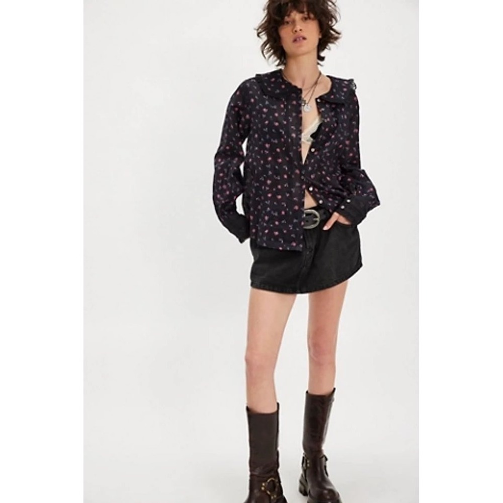 Free People Emmeline Button Down Blouse Black Floral Lace Trim Peter Pan Collar